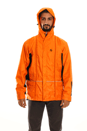 A looping animated GIF of someone removing their orange jacket and then slowly folding it into a rucksack shape and putting this rucksack on their back