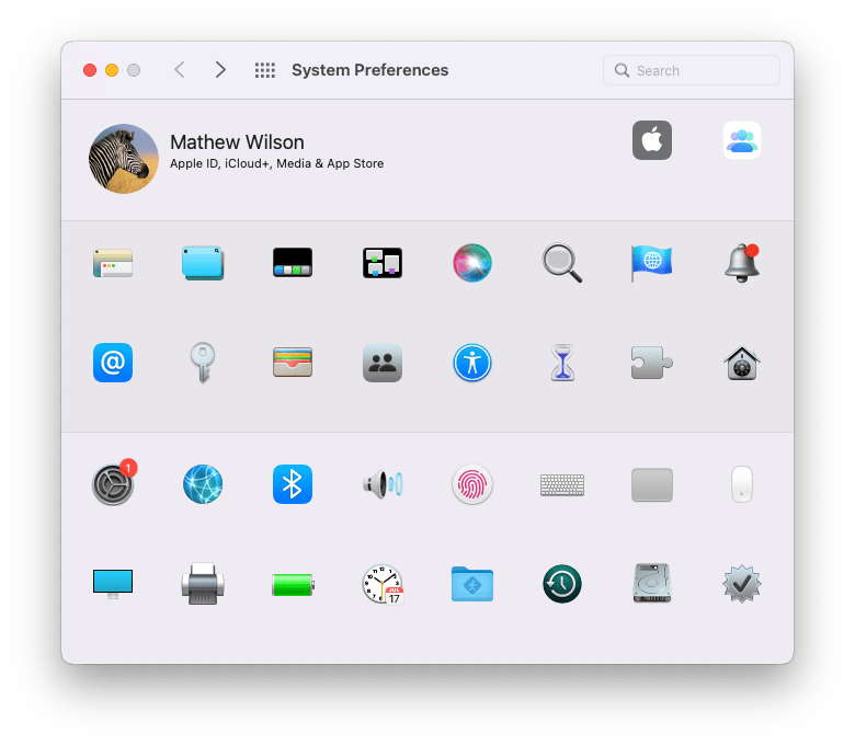 An edited screenshot of the macOS 12 Monterey System Preference pane showing just the eclectic icons that link to the main 34 categories of settings.