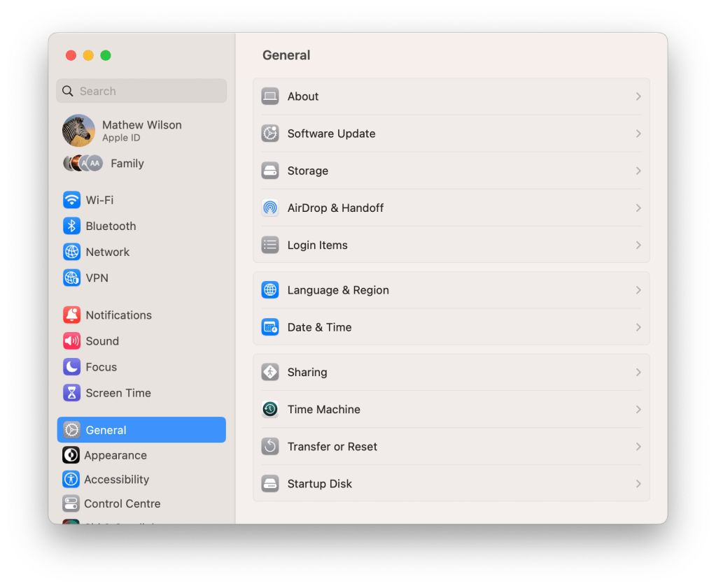 A screenshot of the macOS 13 Ventura System Settings pane showing a list of fairly similar icon styles with accompanying text. 23 icons are visible in view, with the 'General' icon selected.