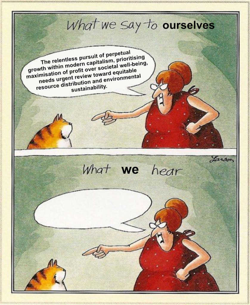 An edited Far Side comic. Panel one is titled "What we say to ourselves" and shows a bemused cat being pointed at by a women who is shouting "The relentless pursuit of perpetual growth within modern capitalism, prioritising maximisation of profit over societal well-being, needs urgent review toward equitable resource distribution and environmental sustainability." Panel two is titled "What we hear" and shows the same scene but the speech bubble is empty. 
