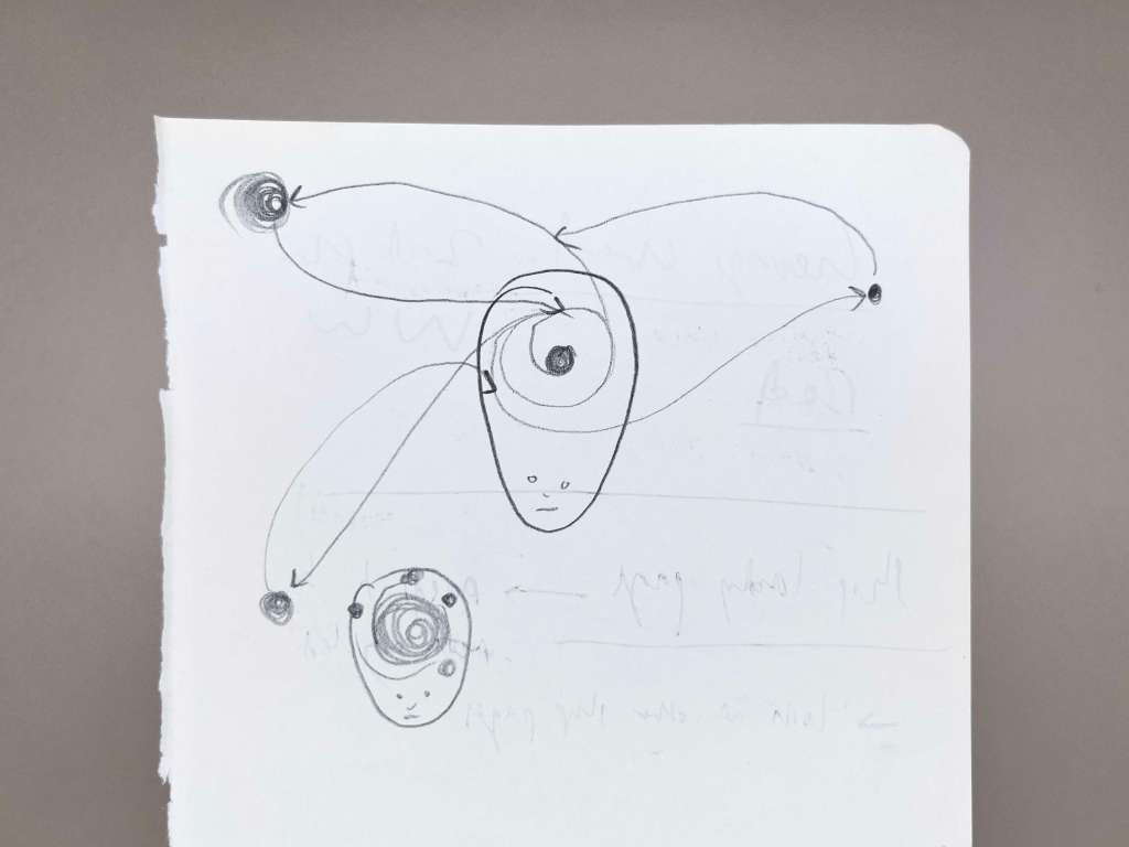A pencil drawing on a tone out notebook page, showing two cartoon heads with blank expressions. Circling and spiralling arrows are showing the paths of dots in to and around the heads like planets orbiting a star. 