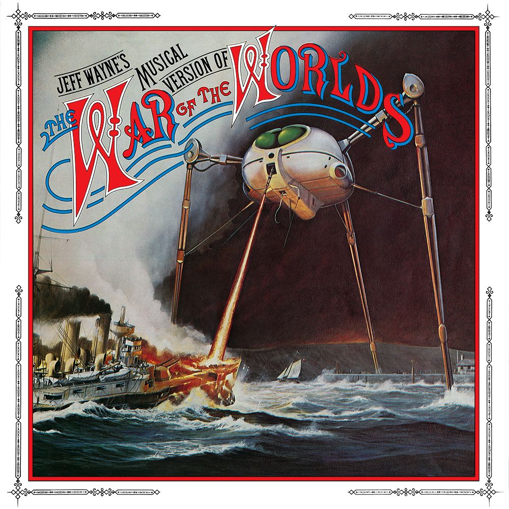 Illustrated 12 inch LP cover of the 1978 War of the Worlds musical, showing a martian tripod machine towering over a human battle ship at sea, as the martian heat ray easily destroys the ship. 