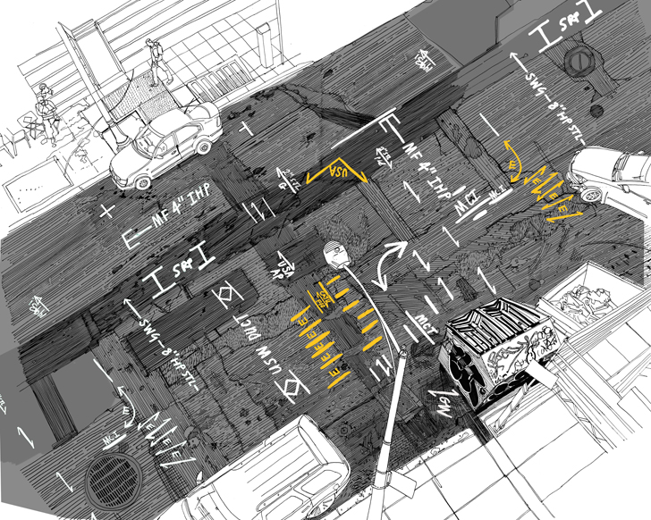 Black and white illustration, with a few yellow highlights, of a view from perhaps a 3rd story building window, looking down at a city street with graffiti like markings all over it 