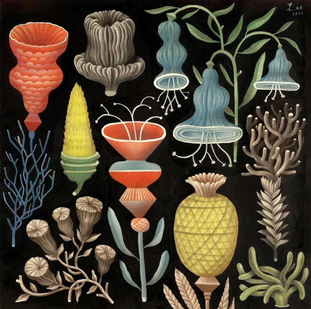 Painting by Bjorn Rune Lie of fantasy plants and flowers that almost look real and familiar, arranged in a group as if it's an illustrative plate from an old horticultural book