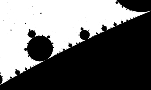 An animated gif, infinitely zooming into a black and white Mandelbrot set fractal pattern. It looks a little like flying in between never ending snowmen made of soot. 