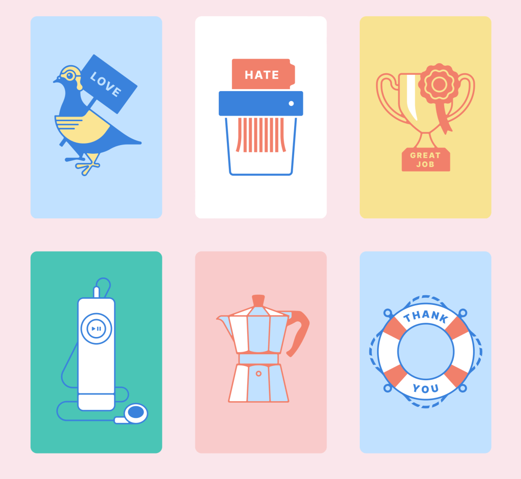 6 portrait postcards with carefully crafted illustrations on each. A pigeon holding a sign that says love, a paper shredder shredding paper with the word hate on it, a trophy with a rosette and the plaque saying great job, an Apple first generation iPod shuffle, a classic Italian moka espresso maker, and a life saving ring with thank you on it. 